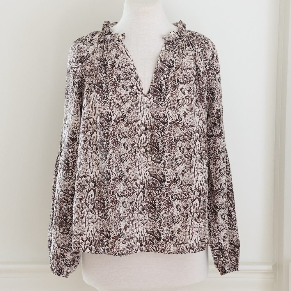 Marie Oliver Snakeskin Print Ruffle 100% Silk Long Sleeve Blouse Size Small